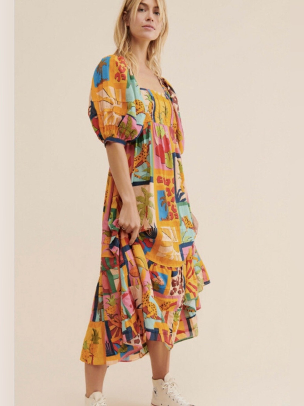 FARM RIO- Vibrant Multi-Color Print Puff Sleeve Maxi Dress (M) - Picture 5 of 16